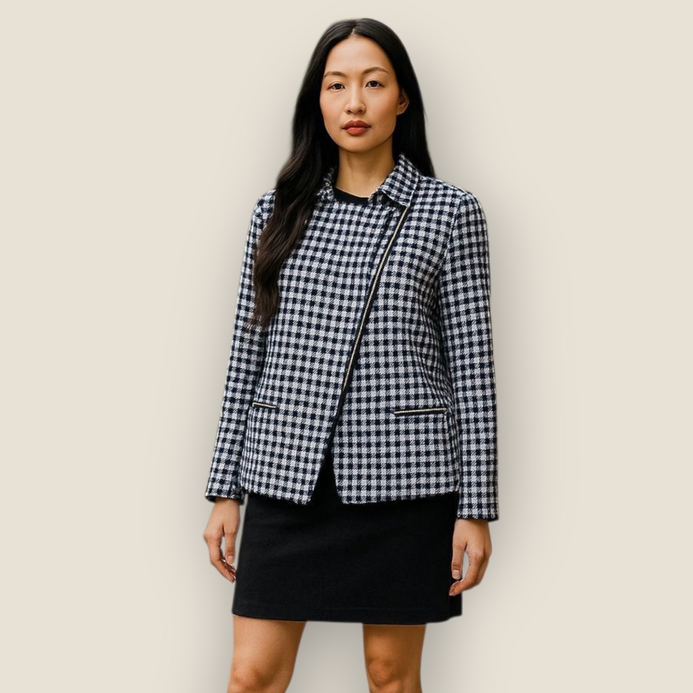 🏷️CHICOS size 4 Womens top GINGHAM Plaid moto jacket navy blue and white